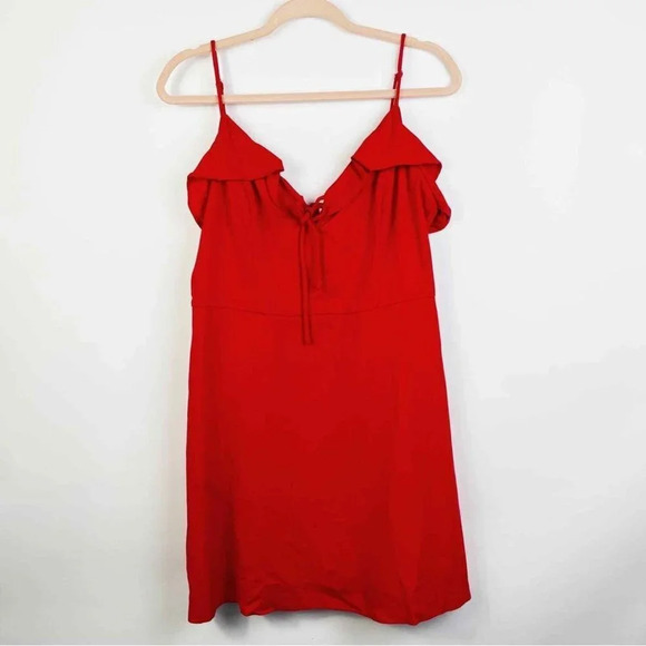 All In Favor Ruffle Mini Dress Tie Front Sleeveless Casual Party Sundress Size L - Picture 6 of 11